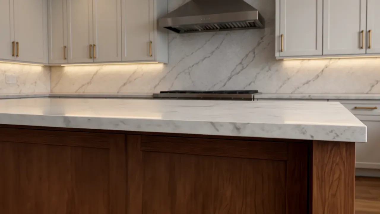The kitchen concept with cabinetry, surfaces and lighting taking shape.
