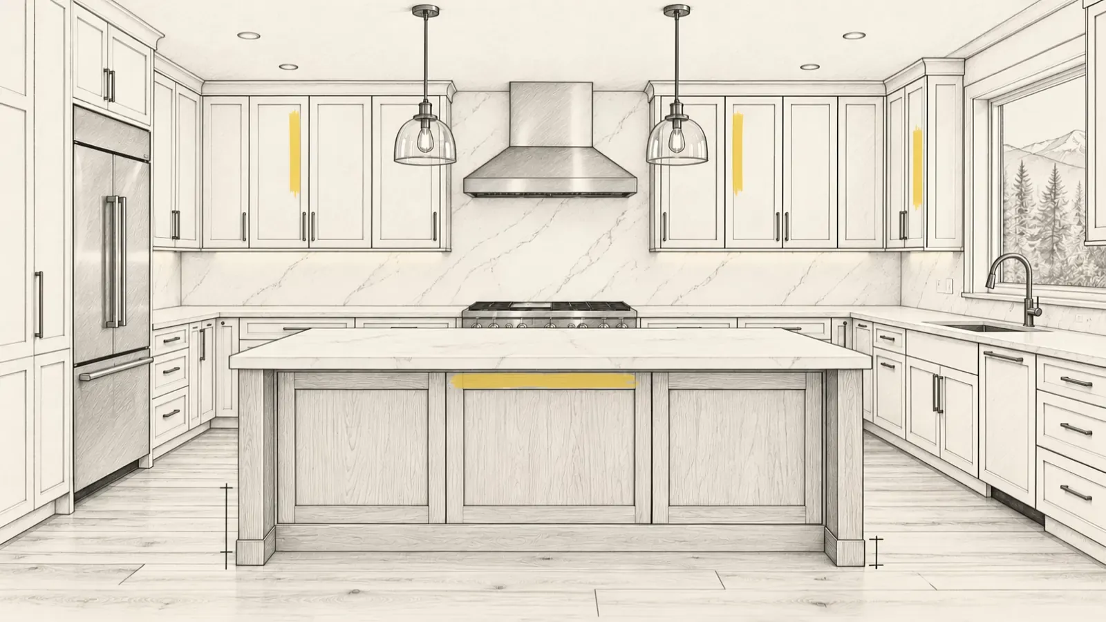 Kitchen concept shown as an outlined sketch.