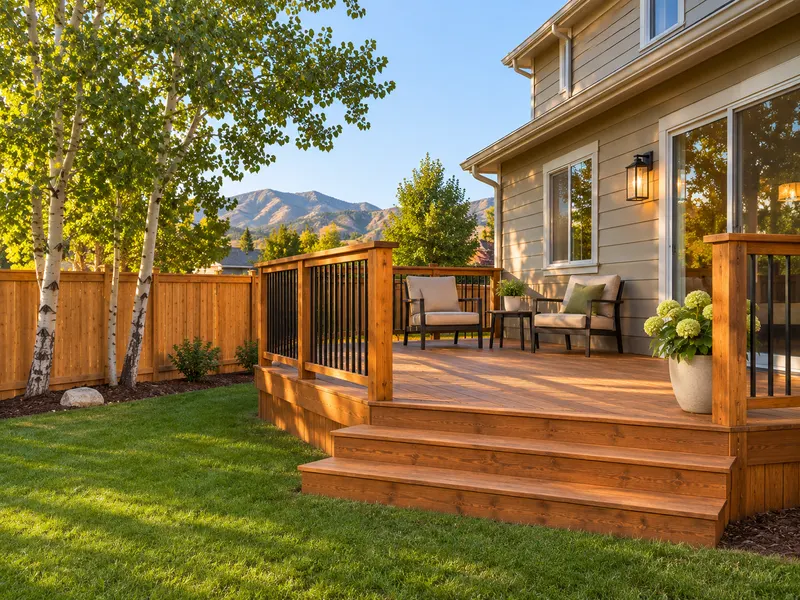A new stained cedar deck and privacy fence in a backyard