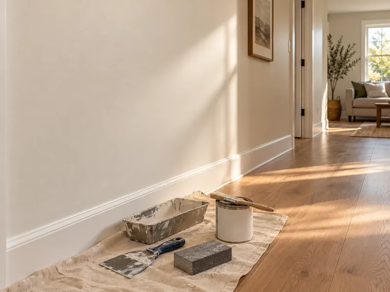 A smooth, freshly repaired and painted hallway wall with drywall tools on a drop cloth