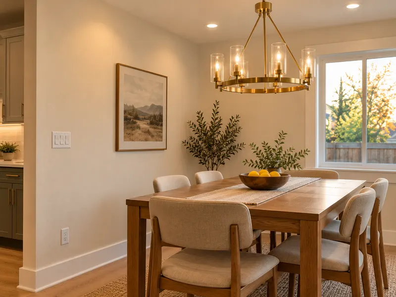 A dining area with a new brass chandelier, recessed lights and new switch plates