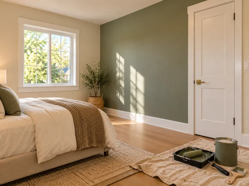A freshly painted bedroom with a sage accent wall and crisp white trim