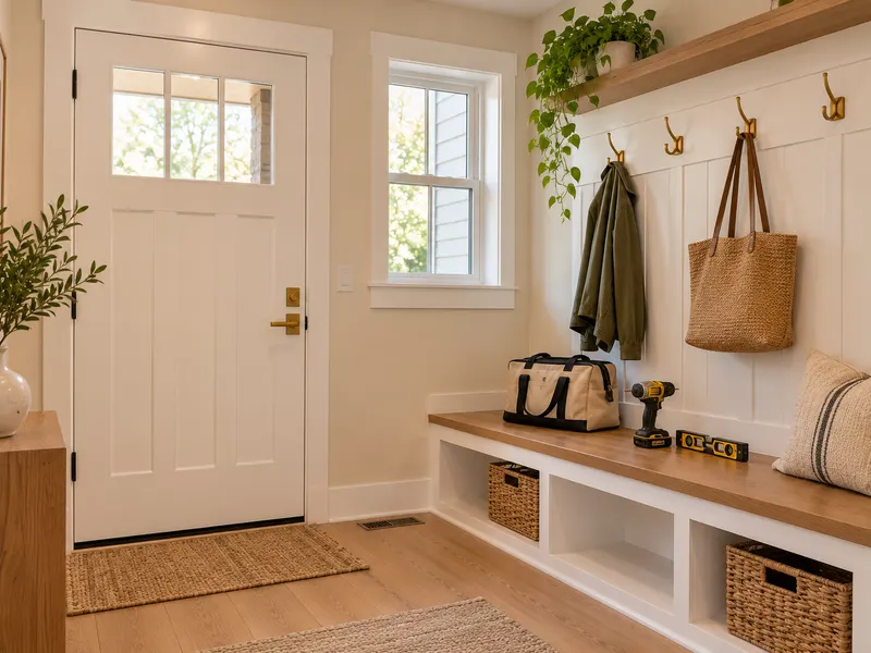 A mudroom entry with new hooks, a rehung door and a tool bag after a punch list visit
